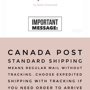 May include: Canada Post Standard Shipping information.  Important message:  Means regular mail without tracking. Choose expedited shipping with tracking if you need your order to arrive quicker and need it tracked.