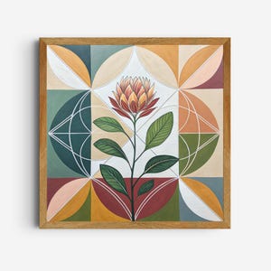 May include: A framed painting of a red and orange protea flower with green leaves, set against a geometric background of white, green, blue, yellow, orange, and red.