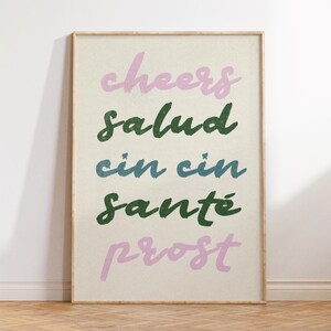Cheers Print, Aesthetic Apartment Decor, Colorful Retro Bar Cart Art, Minimalist Typography Wall Art, Girly Gifts, Cin Cin Salud Prints
