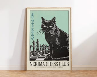 May include: A framed poster featuring a black cat sitting in front of a chessboard. The poster has Japanese text and the words "NERIMA CHESS CLUB" in English. The background is a light teal color.