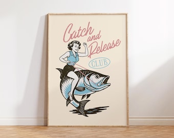 Funny Fishing Print, Retro Fish Print, Vintage Fish Poster, Girly Fishing Art, Fathers Day Gift, Lake House Decor, Man Cave Cabin Wall Art