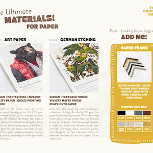 May include: An advertisement for art paper and paper frames. The paper options include 200 gsm matte finish art paper and 310 gsm textured finish German etching paper. Paper frames are available in eight colors.