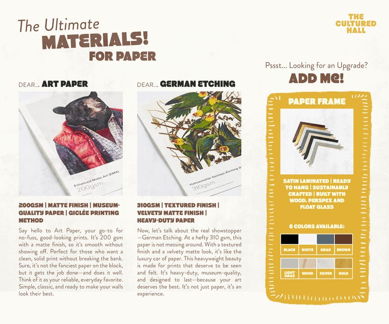 May include: An advertisement for art paper and paper frames. The paper options include 200 gsm matte finish art paper and 310 gsm textured finish German etching paper. Paper frames are available in eight colors.