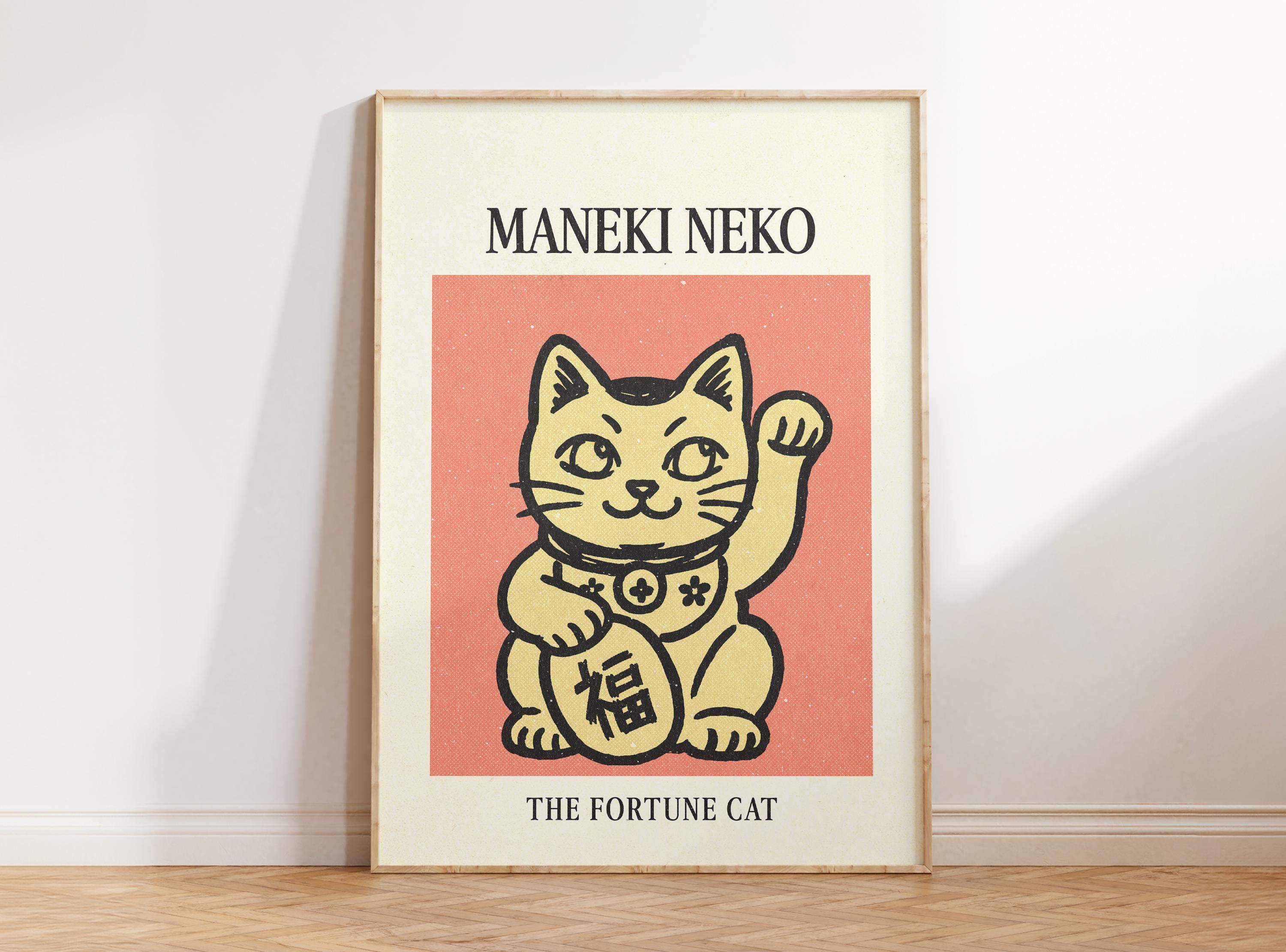 Maneki Neko Print, Fortune Cat Poster, Lucky Cat Art, Retro