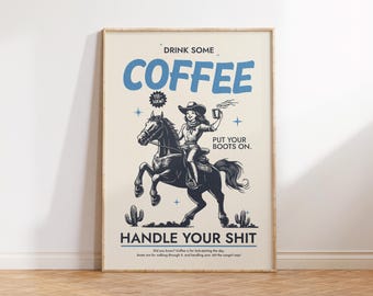 Impresión de café, carrito de café, arte de pared de oficina, decoración de pared occidental, impresión estética de vaquero, póster del suroeste, decoración de apartamento retro