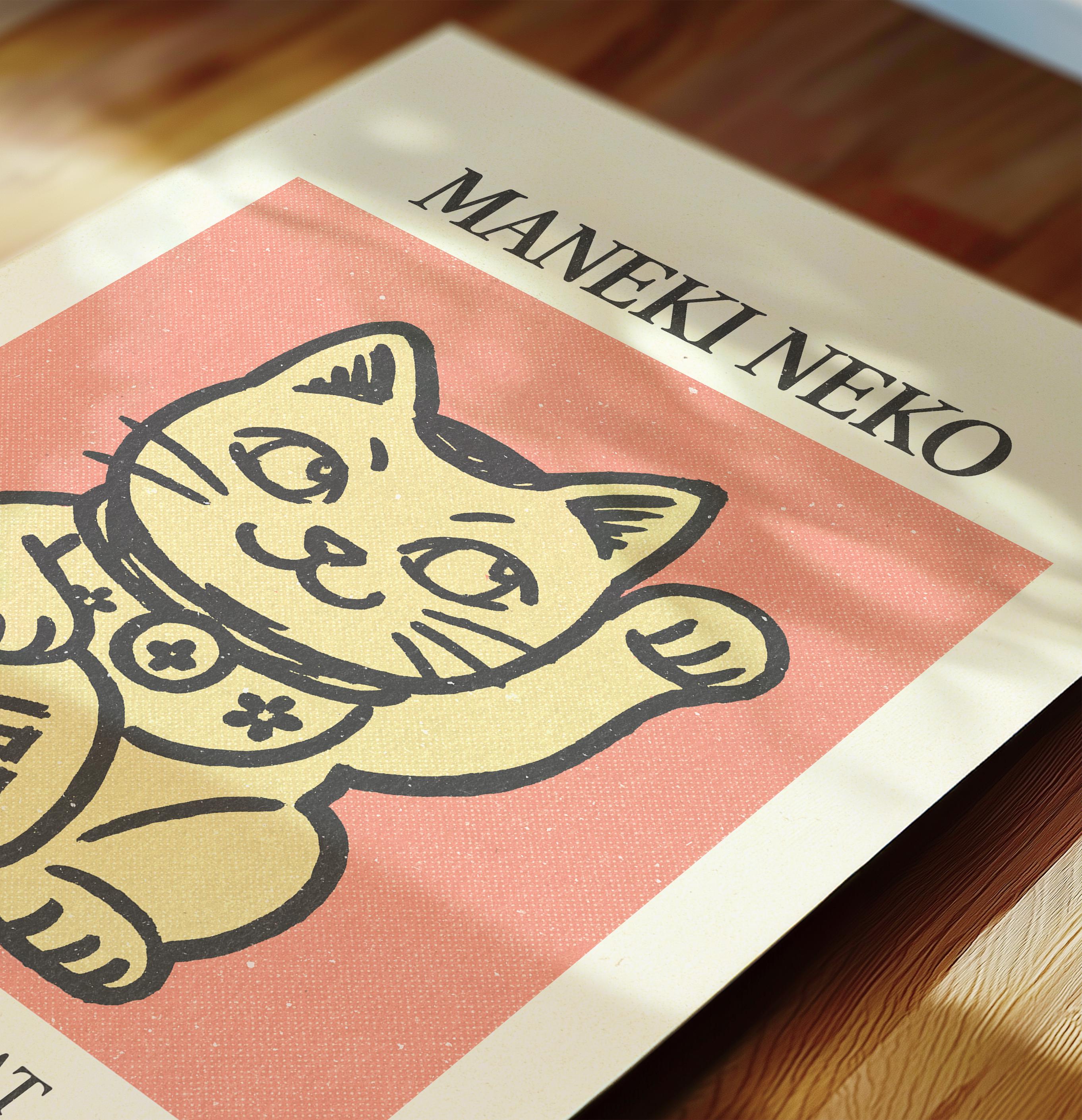 Maneki Neko Print, Fortune Cat Poster, Lucky Cat Art, Retro