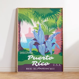 Puerto Rico Travel Poster, Retro Island Beach Art, Cities Wall Decor for Living Room, Office Wall Art, Colorful Wall Art, Maximalist Print