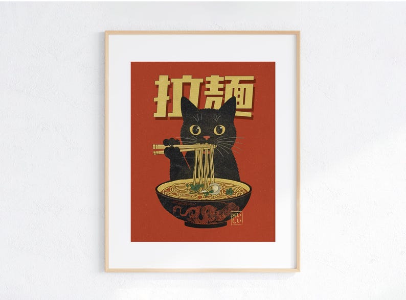 Cat Eating Ramen Wall Art, Retro Japanese Wall Art, Cool Kitchen Wall Art, Trendy Apartment Decor, Maximalist Decor, Quirky Cat Prints image 8