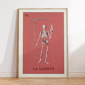Retro Mexican Loteria Print, La Muerte Mexican Wall Art, Skeleton Print, Skull Art, Pink Apartment Decor, Mid Century Modern Art, Celestial