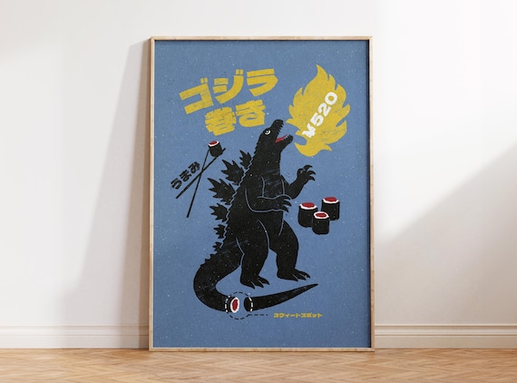Godzilla Sushi Print, Preppy Food Art, Trendy Kitchen Wall Art