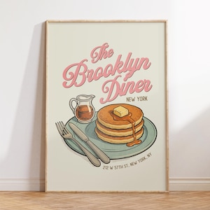 Retro Brooklyn Dinner Print, Breakfast Retro Kitchen Wall Art, Vintage Food Art, Colorful Apartment Decor, Dopamine Decor, American Food Art