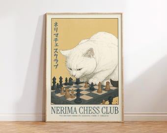 May include: A framed poster featuring a white cat intently observing a chessboard. The poster has a yellow background with Japanese text and the words "NERIMA CHESS CLUB" in English. The chess pieces are black and tan.