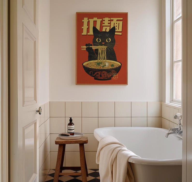 Cat Eating Ramen Wall Art, Retro Japanese Wall Art, Cool Kitchen Wall Art, Trendy Apartment Decor, Maximalist Decor, Quirky Cat Prints image 7