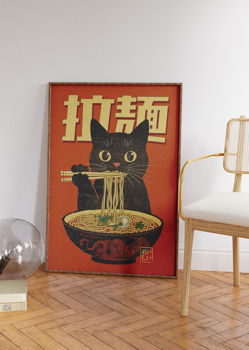 Cat Eating Ramen Wall Art, Retro Japanese Wall Art, Cool Kitchen Wall Art, Trendy Apartment Decor, Maximalist Decor, Quirky Cat Prints image 6