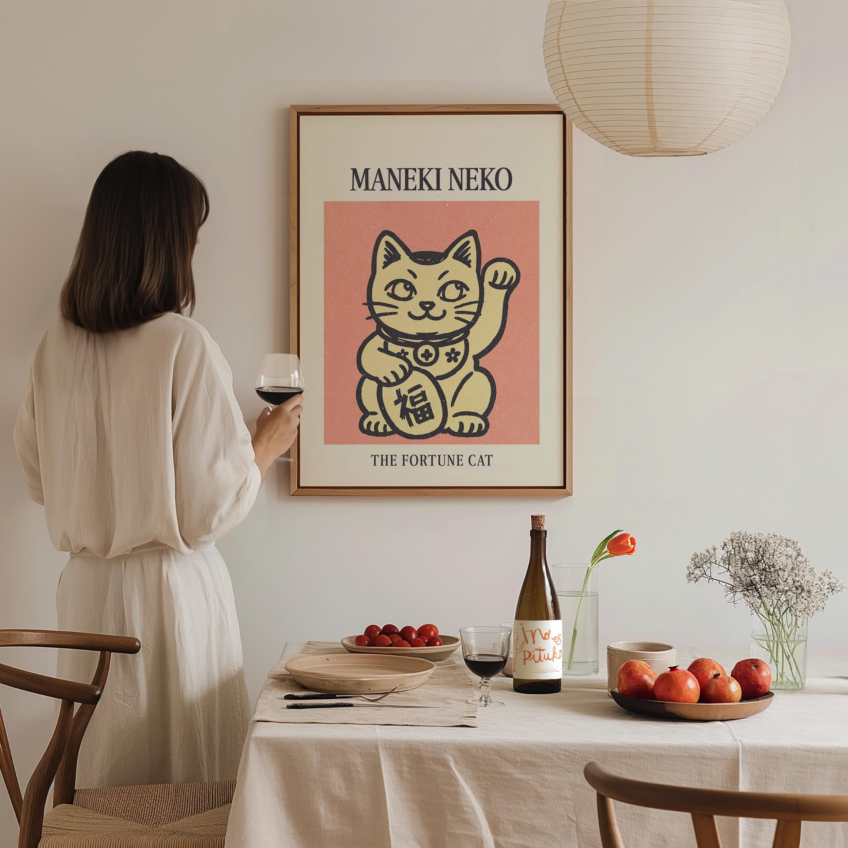 Maneki Neko Print, Fortune Cat Poster, Lucky Cat Art, Retro