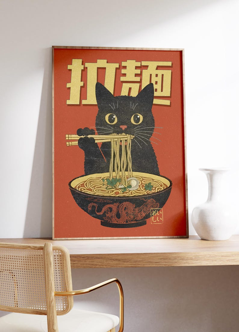 Cat Eating Ramen Wall Art, Retro Japanese Wall Art, Cool Kitchen Wall Art, Trendy Apartment Decor, Maximalist Decor, Quirky Cat Prints image 4