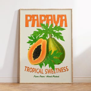Retro Papaya Print, Obst-Dekor, Sommer-Küchen-Wand-Kunst, Lebensmittelgalerie Wand, Vintage Wohnung Dekor, Esszimmer Kunst, Speisekammer-Wand-Dekor