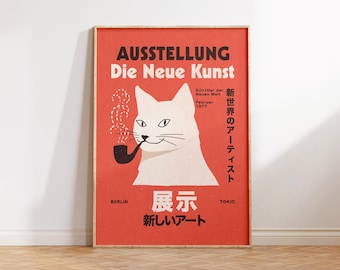 Berlin Tokyo Wall Art, German Japanese Exhibition Poster, Maximalist Wall Decor, Cat Poster, Colorful Print, Retro Apartment Decor, Painting