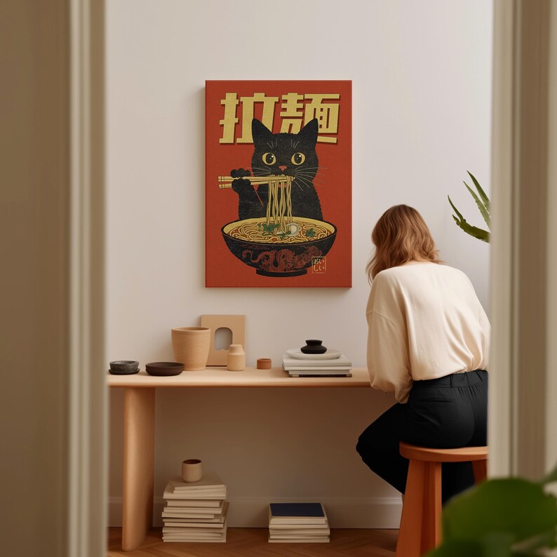 Cat Eating Ramen Wall Art, Retro Japanese Wall Art, Cool Kitchen Wall Art, Trendy Apartment Decor, Maximalist Decor, Quirky Cat Prints image 3