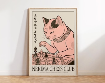 Retro Chess Poster, Black Cat Wall Art, Chess Art, Quirky Japanese Wall Art, Dopamine Wall Decor, Trendy Apartment Decor, Maximalist Poster