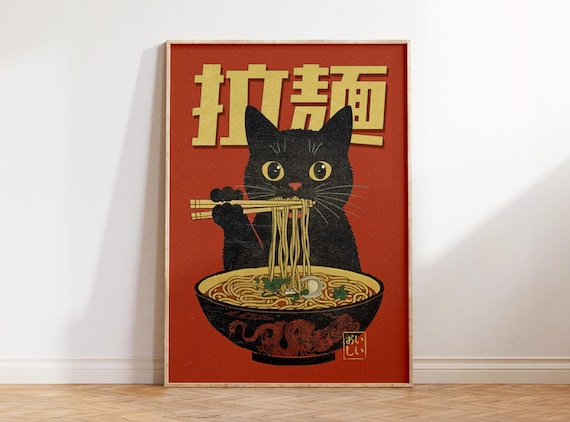 Cat Eating Ramen Wall Art, Retro Japanese Wall Art, Cool Kitchen Wall Art, Trendy Apartment Decor, Maximalist Decor, Quirky Cat Prints