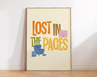 Perdido en las páginas, Decoración de rincón de lectura, Arte mural de libros, Póster literario, Regalo para amantes de los libros, Decoración de rincón de lectura, Impresión de libros