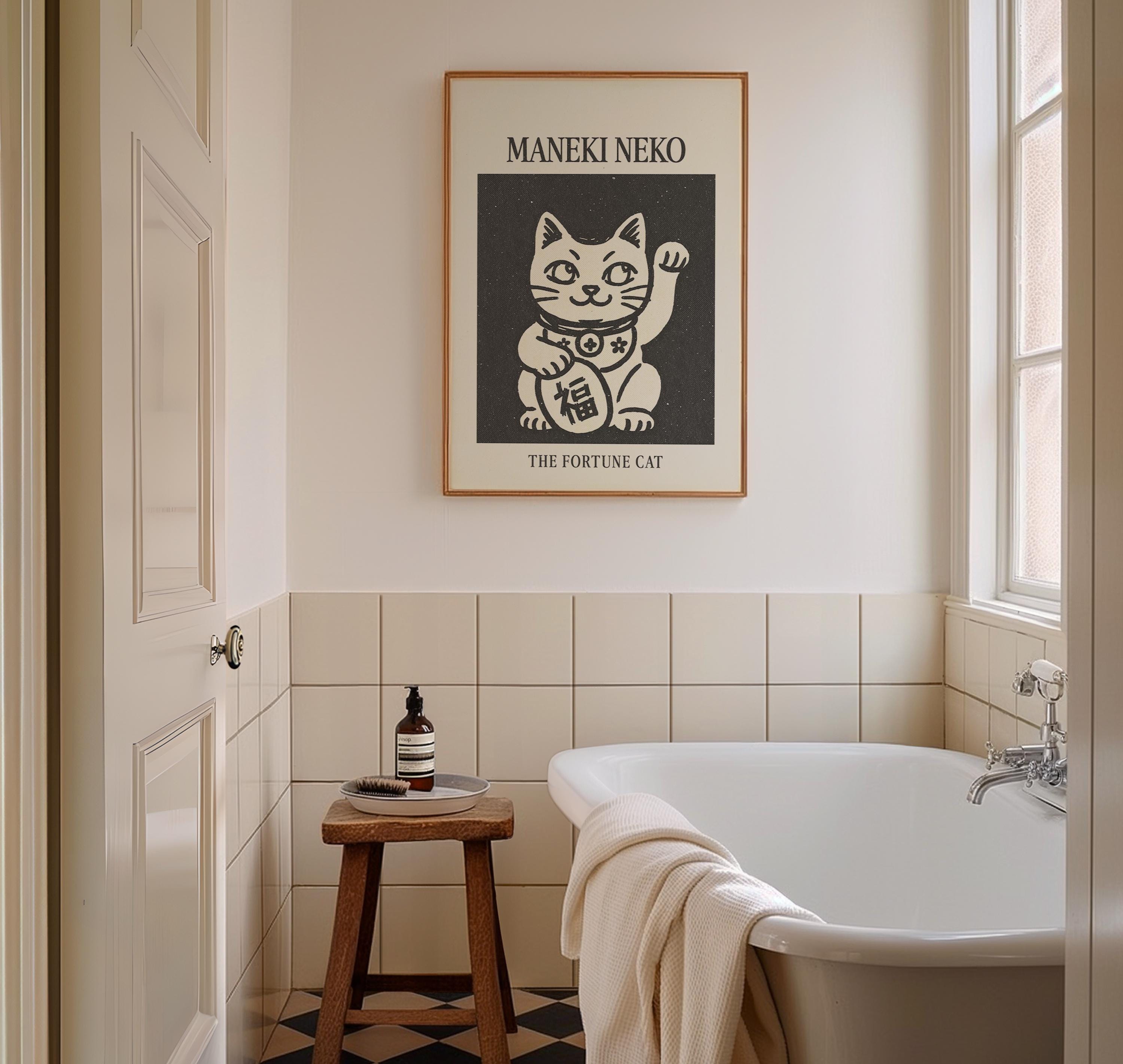 Maneki Neko Print, Fortune Cat Poster, Lucky Cat Art, Retro