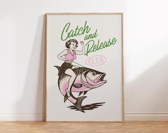 Funny Fishing Print, Retro Fish Print, Vintage Fish Poster, Girly Fishing Art, Fathers Day Gift, Lake House Decor, Man Cave Cabin Wall Art