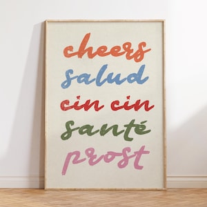 Cheers Print, Aesthetic Apartment Decor, Fun Colorful Retro Bar Cart Art, Minimalist Typography Wall Art, Girly Gifts, Cin Cin Salud Prints