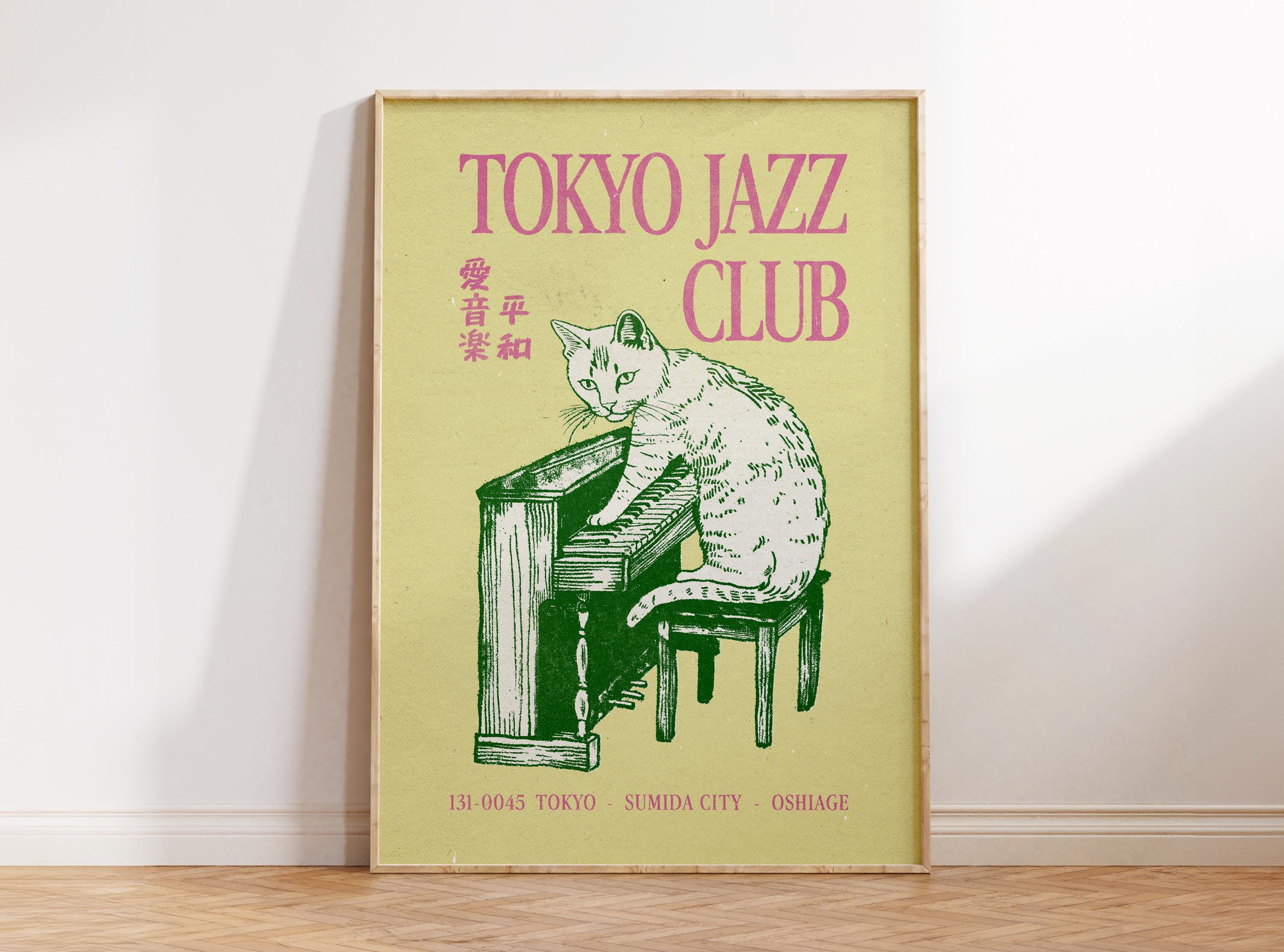 Jazz Cat Wall Art, Vintage Japanese Wall Art, Retro Music Poster