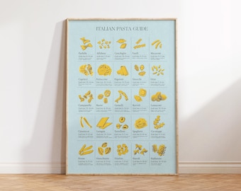 May include: A framed poster titled "ITALIAN PASTA GUIDE" displays various pasta shapes in yellow against a light blue background. Each pasta type is labeled with its name and cook time. The poster is in a light wood frame and leans against a white wall and wooden floor.