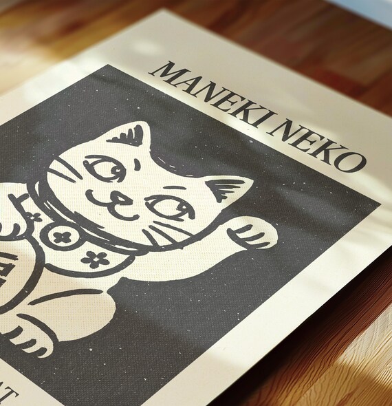 Maneki Neko Print, Fortune Cat Poster, Lucky Cat Art, Retro