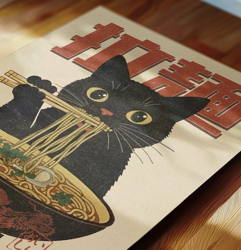 May include: A black cat with big eyes is eating noodles from a bowl with chopsticks. The cat is looking directly at the viewer. The background is a light brown with the Japanese word "Ramen" in red.