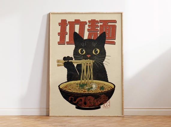 Cat Eating Ramen Wall Art, Retro Japanese Wall Art, Cool Kitchen Wall Art, Trendy Apartment Decor, Maximalist Decor, Quirky Cat Prints