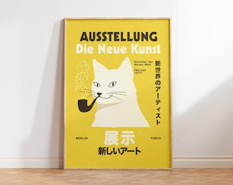 Berlin Tokyo Wall Art, German Japanese Exhibition Poster, Maximalist Wall Decor, Cat Poster, Colorful Print, Retro Apartment Decor, Painting