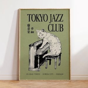 Jazz Cat Wall Art, Vintage Japanese Wall Art, Retro Music Poster, Apartment Decor, Trendy Cat Poster, Maximalist Decor, Quirky Cat Print