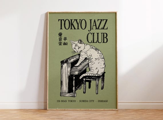 Jazz Cat Wall Art, Vintage Japanese Wall Art, Retro Music Poster