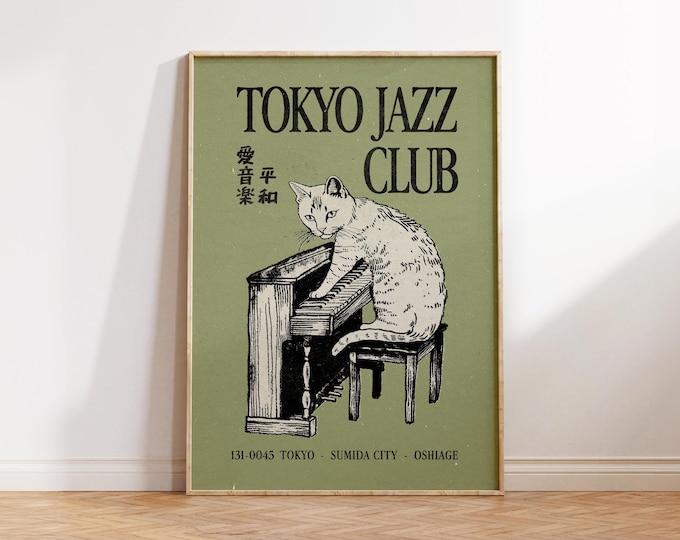Jazz Cat Wall Art, Vintage Japanese Wall Art, Retro Music Poster, Apartment Decor, Trendy Cat Poster, Maximalist Decor, Quirky Cat Print