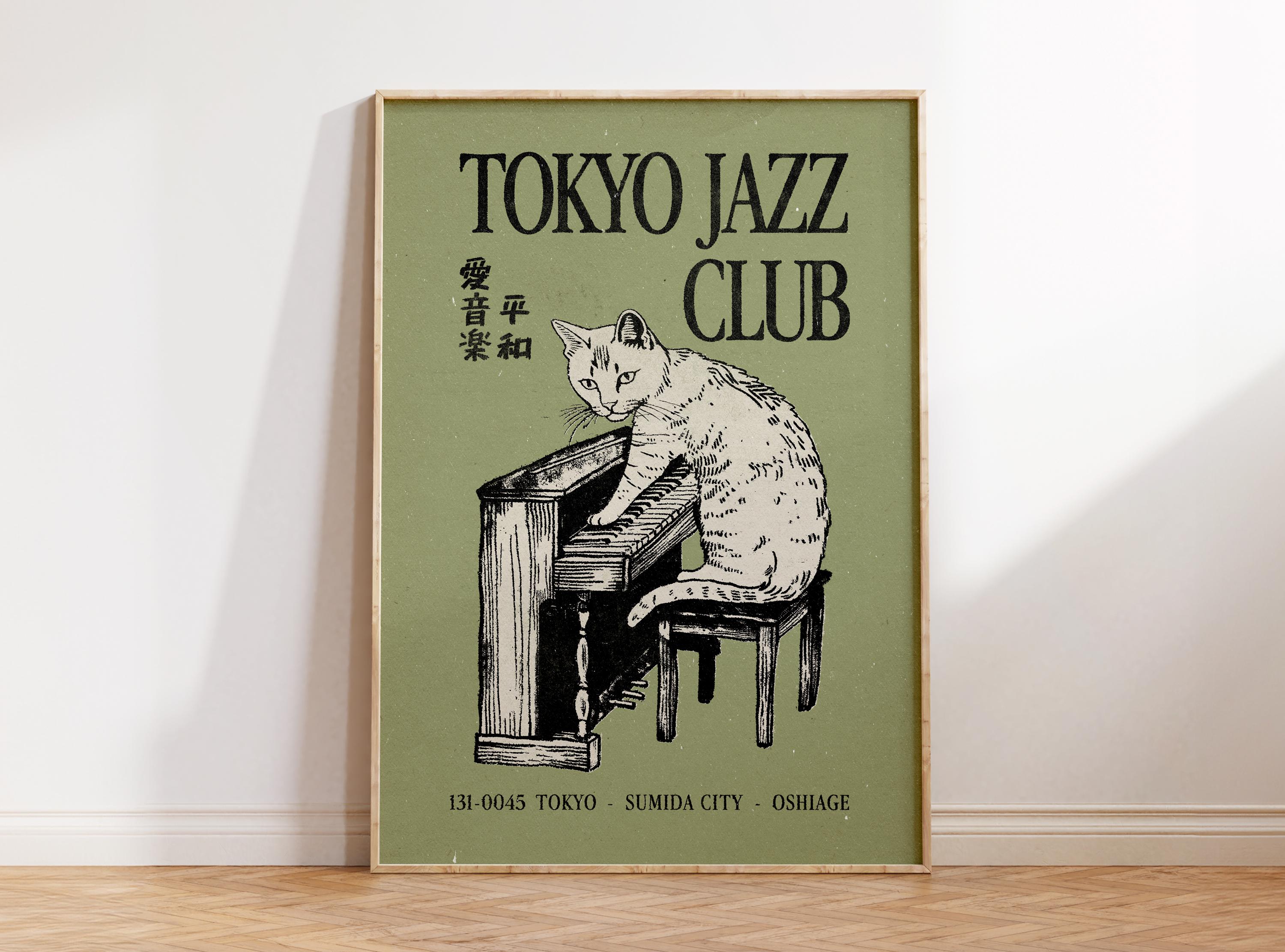 Jazz Cat Wall Art, Vintage Japanese Wall Art, Retro Music Poster