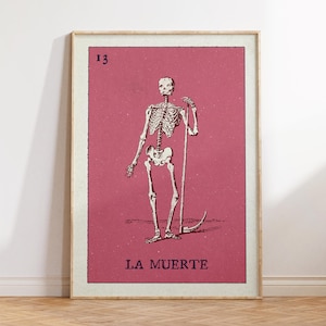 Retro Mexican Loteria Print, La Muerte Mexican Wall Art, Skeleton Print, Skull Art, Pink Apartment Decor, Mid Century Modern Art, Celestial