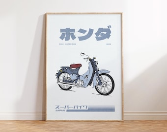 Retro Motorcycle Wall Art, Vintage Japanese Wall Art, Cool