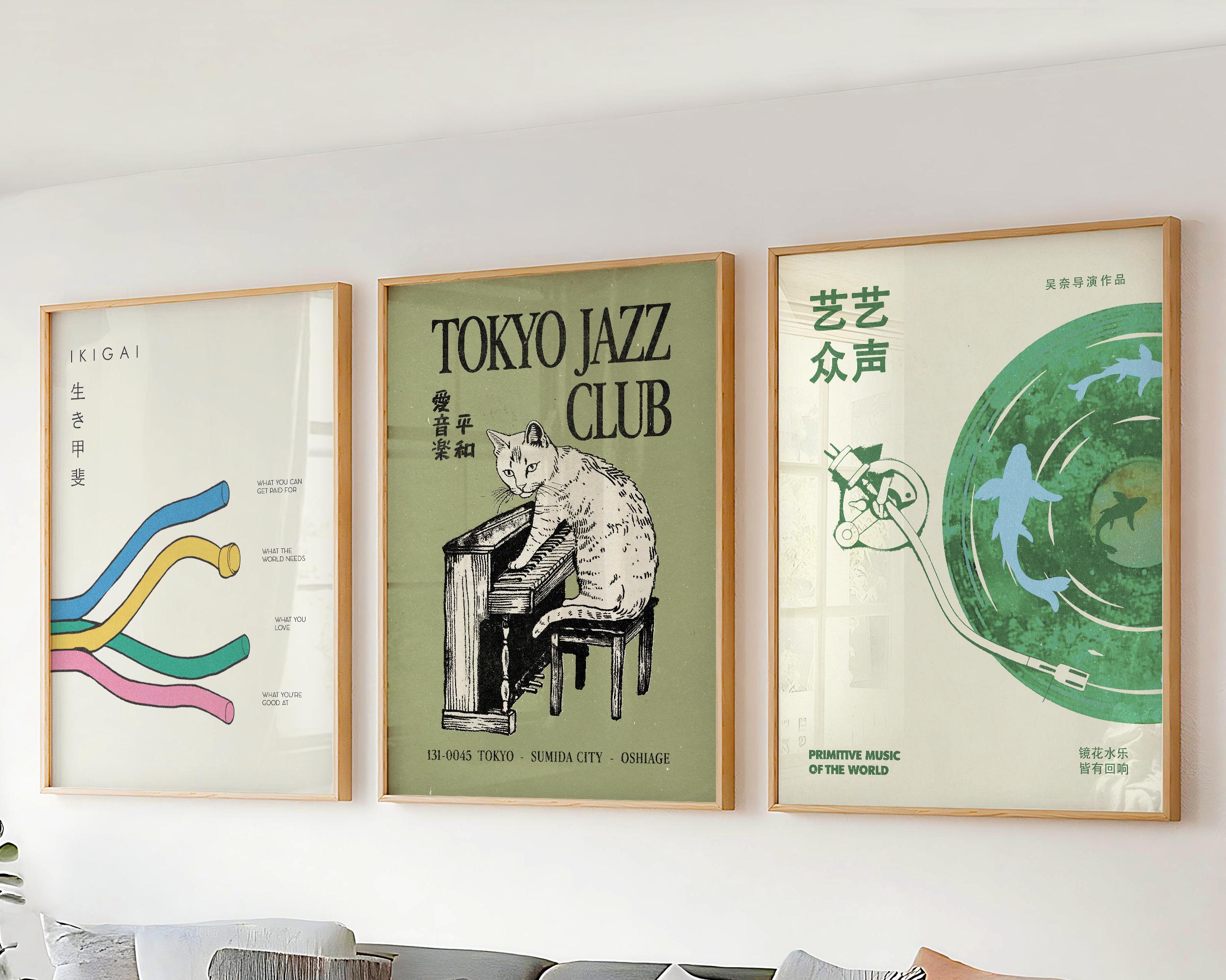 Jazz Cat Wall Art, Vintage Japanese Wall Art, Retro Music Poster