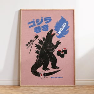 Godzilla Sushi Print, Preppy Food Art, Trendy Kitchen Wall Art, Retro Japanese Wall Art, Maximalist Apartment Decor, Dinosaur Decor Gift