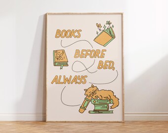 Libros para antes de dormir, decoración para rincones de lectura, arte mural con libros, póster literario, regalo para amantes de los libros, decoración para rincones de lectura, lámina de libros