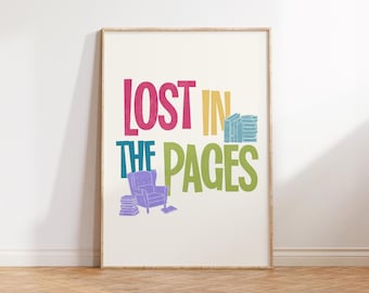 Perdido en las páginas, Decoración de rincón de lectura, Arte mural de libros, Póster literario, Regalo para amantes de los libros, Decoración de rincón de lectura, Impresión de libros