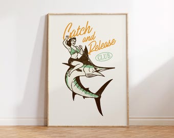 Funny Fishing Print, Retro Fish Print, Vintage Fish Poster, Girly Fishing Art, Fathers Day Gift, Lake House Decor, Man Cave Cabin Wall Art