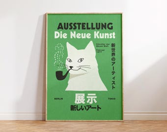 Berlin Tokyo Wall Art, German Japanese Exhibition Poster, Maximalist Wall Decor, Cat Poster, Colorful Print, Retro Apartment Decor, Painting