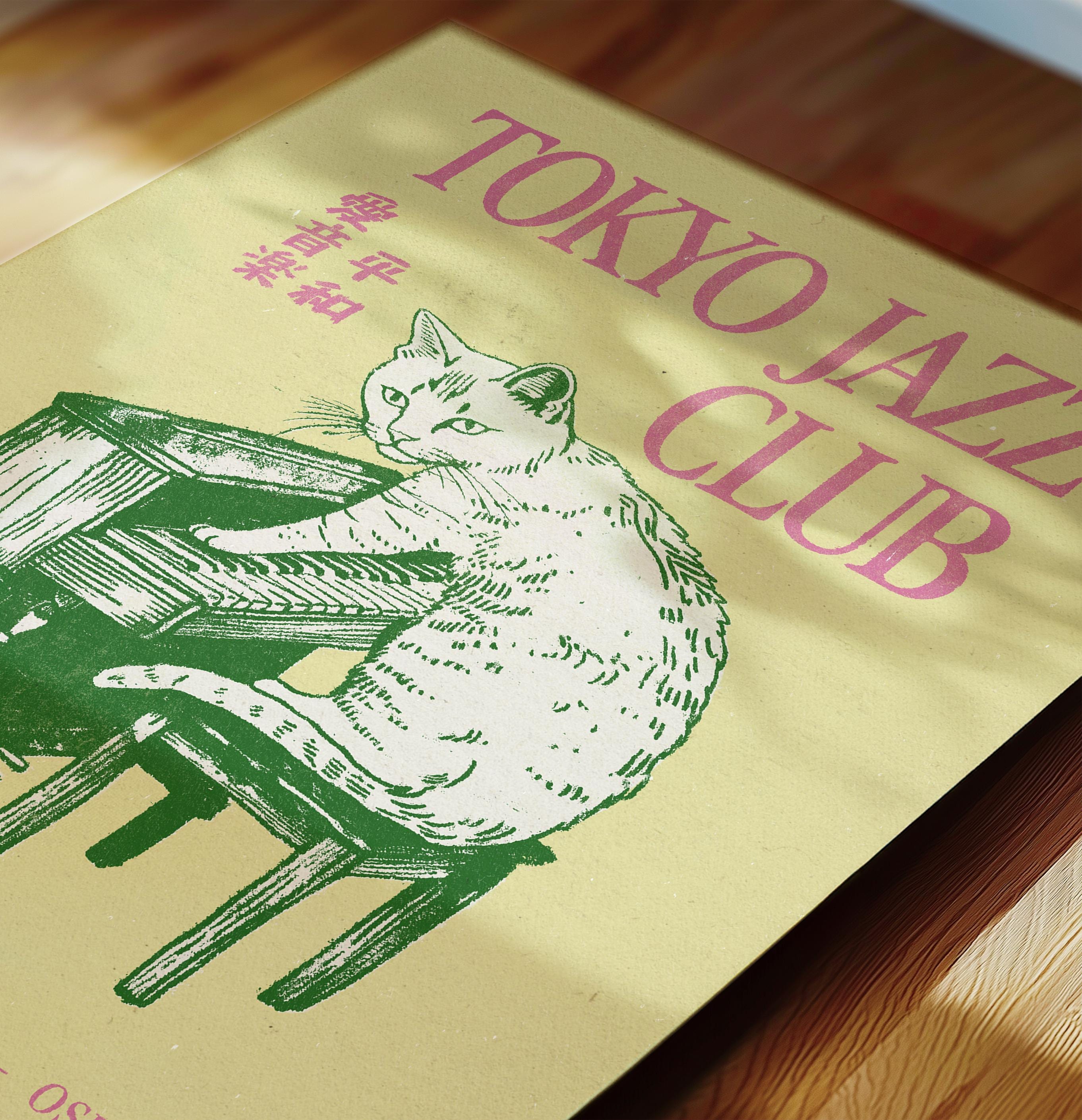 Jazz Cat Wall Art, Vintage Japanese Wall Art, Retro Music Poster