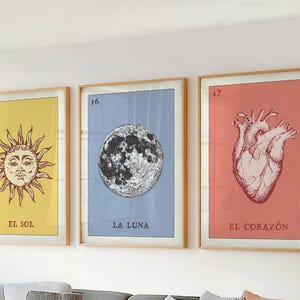 Zestaw 3 sztuk sztuki ściennej Retro Meksykańska Loteria Wall Art, nadruk słoneczny, wystrój apartamentu, sztuka nowoczesna w stylu vintage z połowy wieku, sztuka niebiańska, wystrój Meksyku