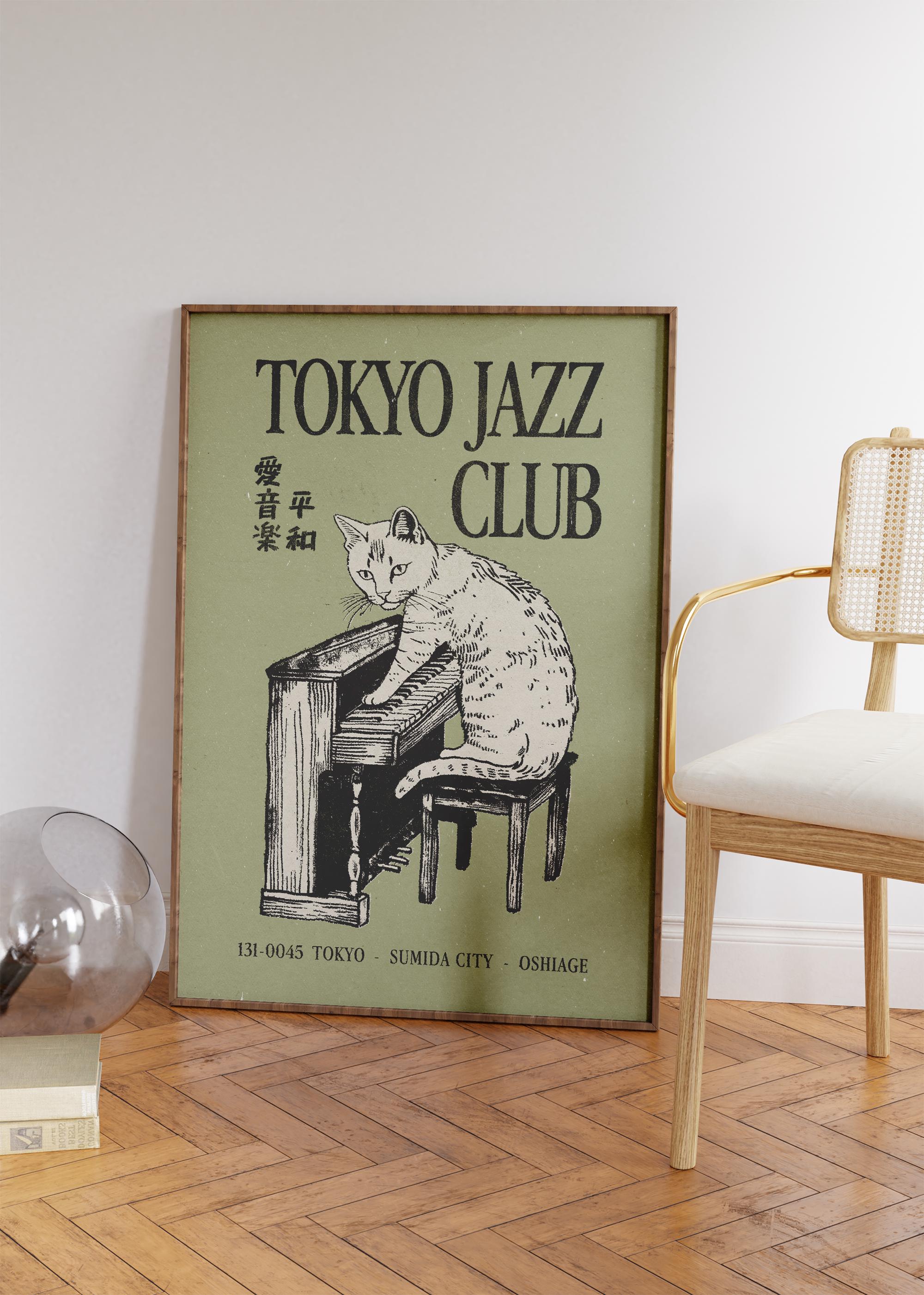 Jazz Cat Wall Art, Vintage Japanese Wall Art, Retro Music Poster